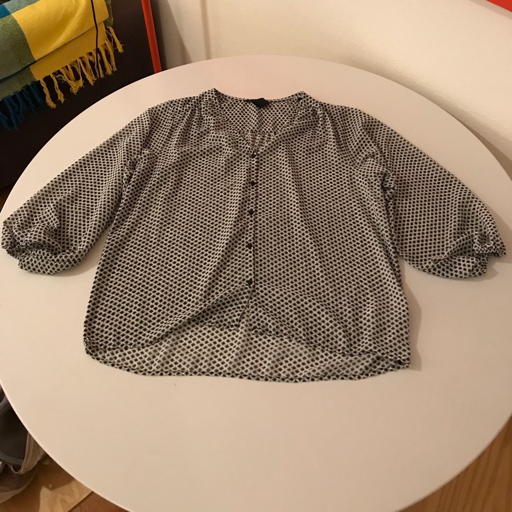 Sheer dot print 3/4 puff sleeve button down top